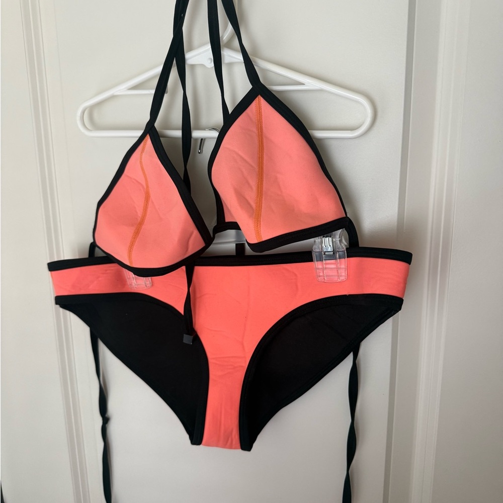triangl swimwear Coral and Black Triangle Bikini Set